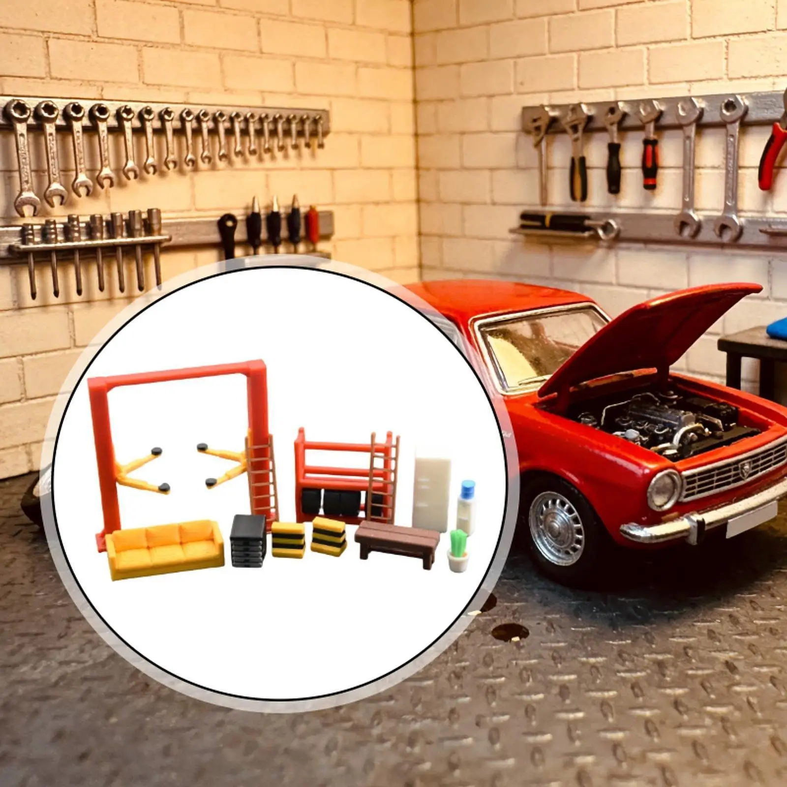 

Набор моделей инструментов для обслуживания автомобилей в масштабе 1:64, имитация дорожных заграждений из смолы, мини-стойка для шин для микроландшафтных архитектурных моделей