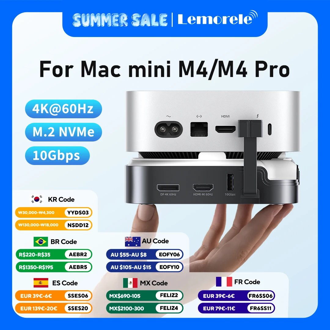 Lemorele 9 Port Docking Station for Mac Mini M4 /M4Pro USB HUB 4K 60Hz HDMI DP M.2 NVMe SSD Slot 10Gbps TF/SD 3.0 Dock Stand
