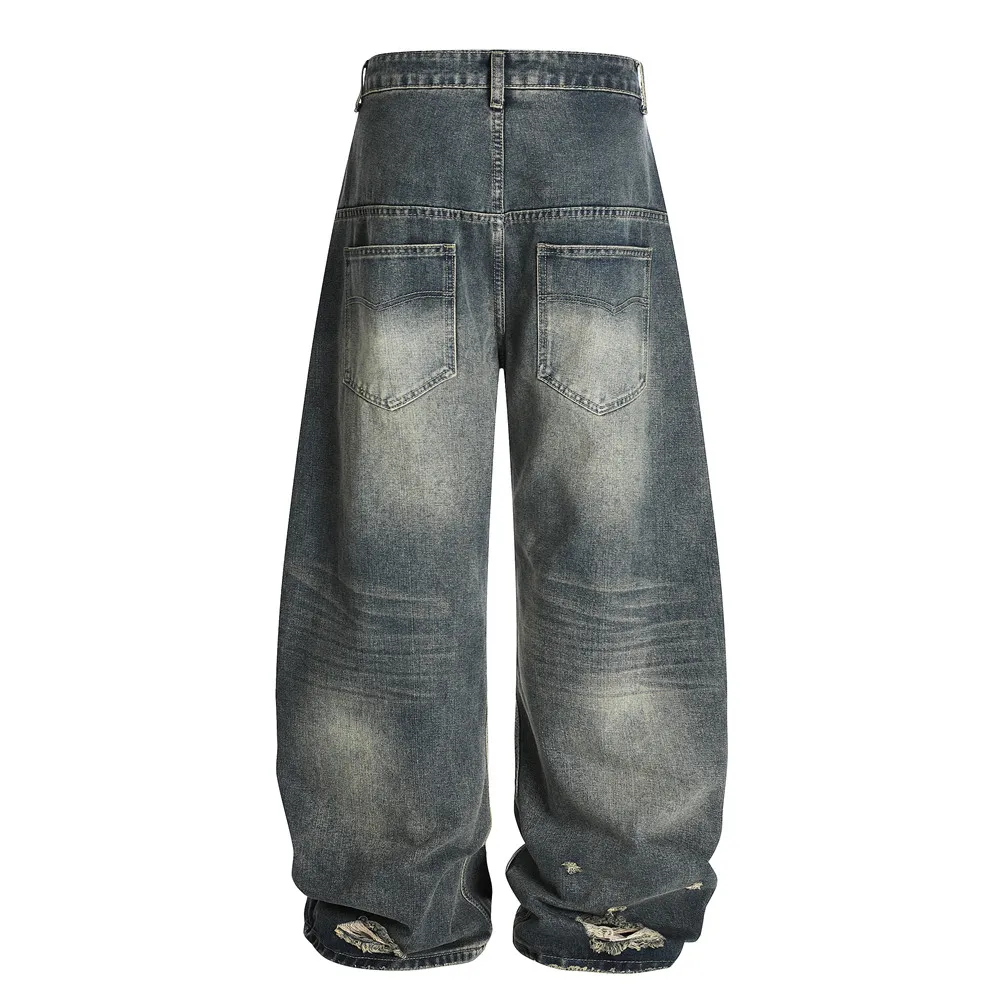 Zerrissene, gespleißte Jeans für Herren, Retro-Waschung, Distressed-High-Street-Jeans mit lockerem, weitem Bein und gebogener Klinge für Herren – Detail 12