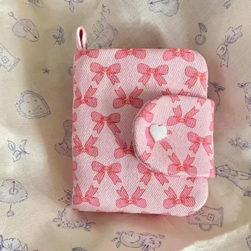 Monederos rosas con estampado de lazo dulce, monedero de lona con cremallera pequeña, tarjetero de gran capacidad para mujeres y niñas, bolsa de almacenamiento informal