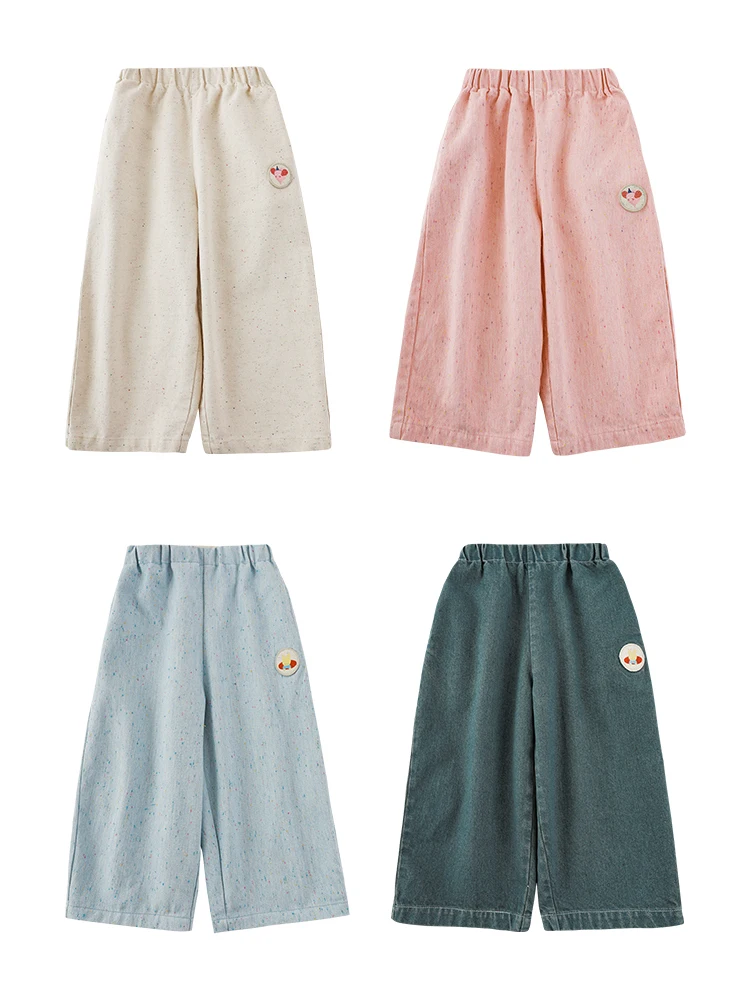 

Весенние джинсы для девочек с принтом и круглым значком, милые мягкие прямые свободные модные брюки