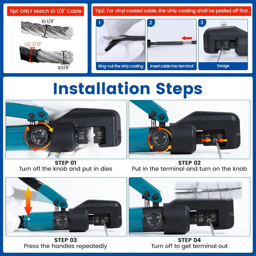 Hydraulic Crimping Tool for 1/8" Stainless Steel Cable Railing Kit, Wire Rope Swaging Tool CR09