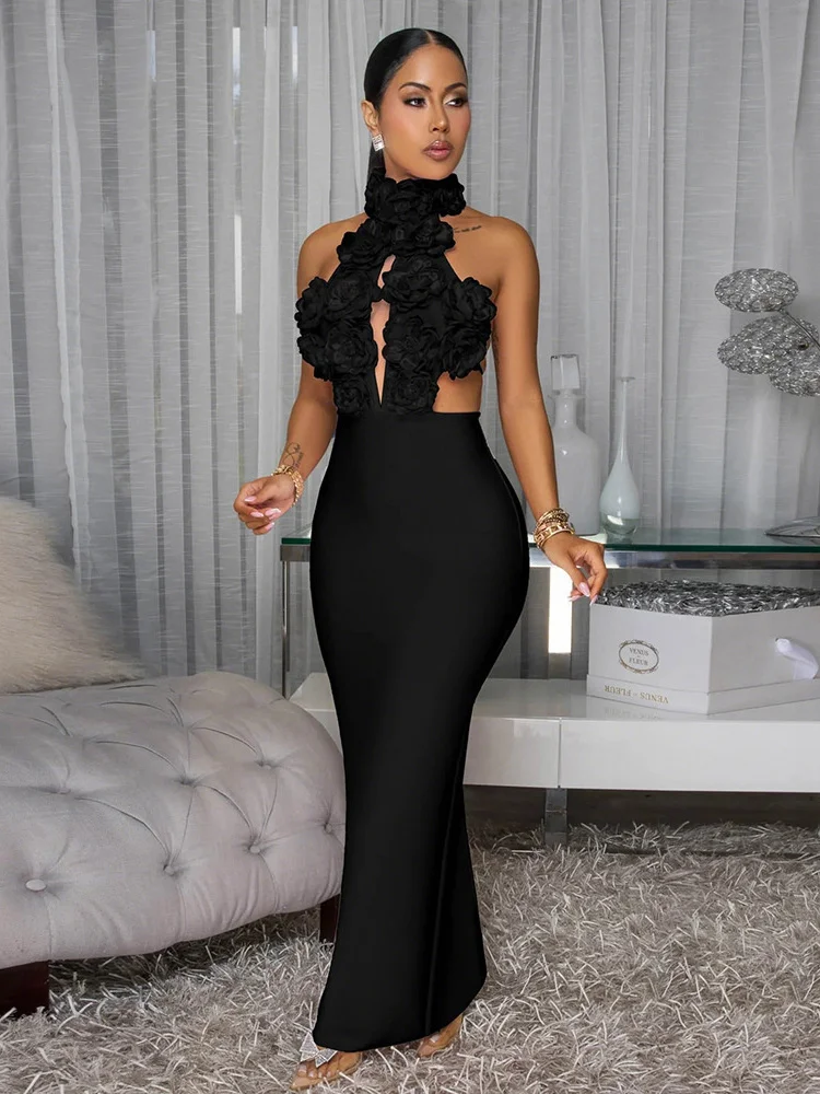 

Платье Sisterlinda с 3D-цветами, женское, с вырезом на шее, на пуговицах, с открытой спиной, без рукавов, с вырезами, с разрезом, сексуальное, для выпускного вечера, шикарное, Vestidos