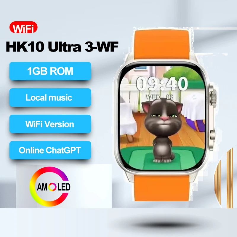 HK10 울트라 3-WF AMOLED 스마트 워치 와이파이 사진 앨범, 남성 로컬 음악, TWS ChatGPT 스마트워치, 1GB ROM, 블루투스 통화 2024 