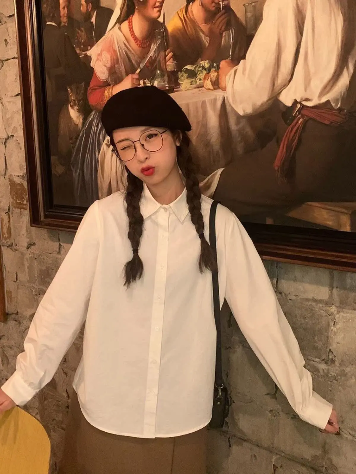 

Sweet Sister Japanese Style Lazy Loose Korean Fashion Retro Versatile Outerwear Shirt Women's Collar Long Sleeve