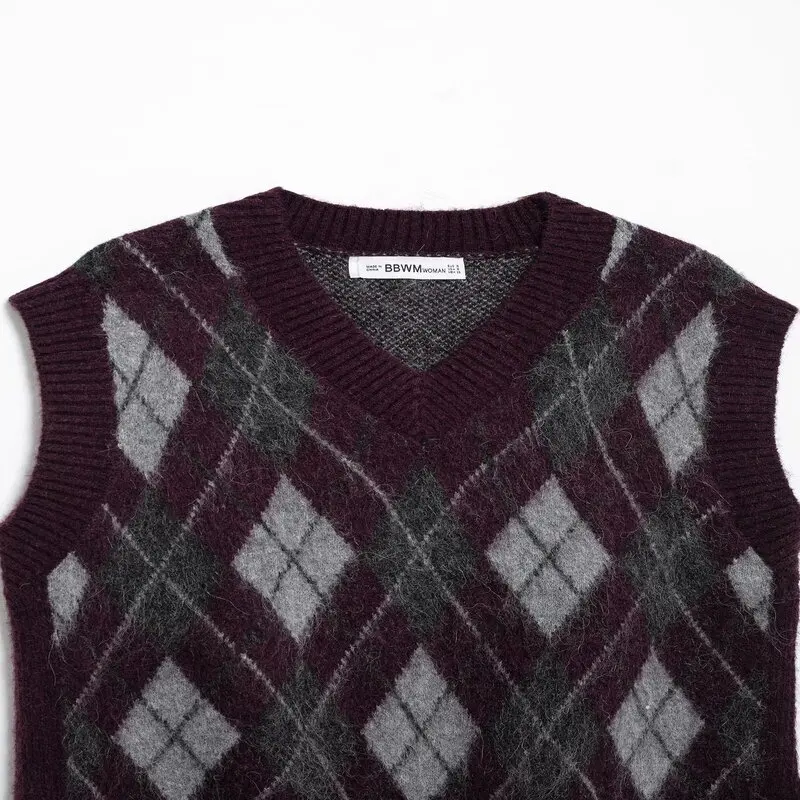 

Winter 2024 Women's Diamond Pattern V-ne Svel Knitted Vest Versatile Sle 00% Other Material Regular Length