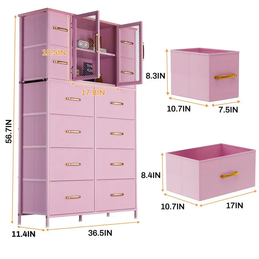 침실용 56.7인치 높이의 서랍장, 12개의 수납 서랍이 있는 서랍장, 나무 상판과 금속 소재의 패브릭 화장대
