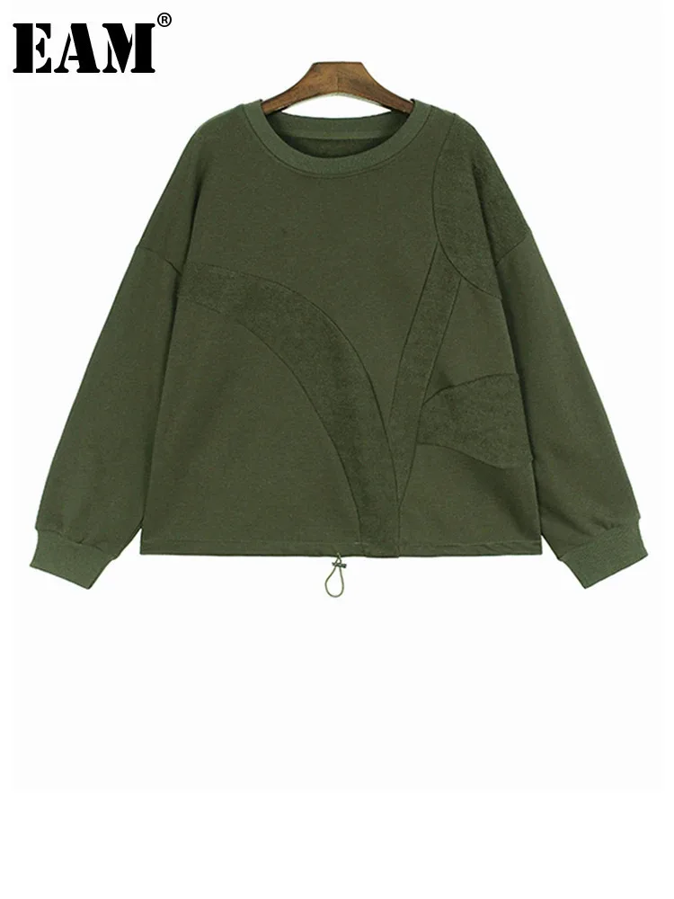 [EAM] Army Green Spliced Drawstring Sweatshirt New Round Neck Long Sleeve Women Big Size Fashion Tide Spring Autumn 2023, 1DH7126