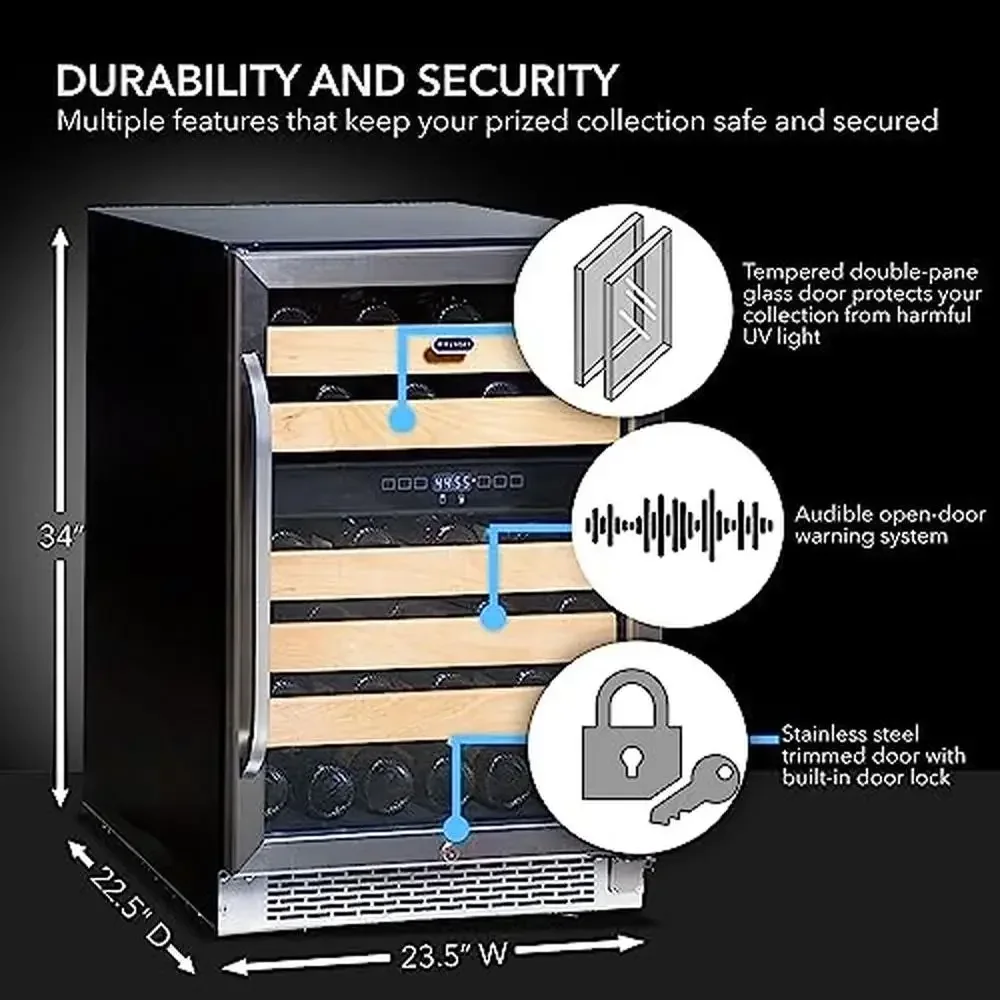 46-Bottle Dual Zone Wine Refrigerator Stainless Steel Trimmed Glass Door Adjustable Thermostat LED Lights Security Lock 5