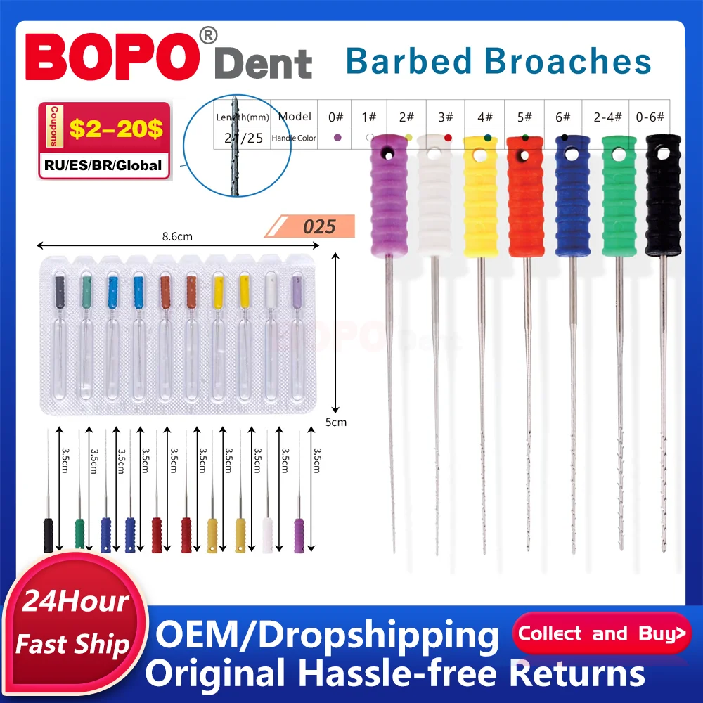 

10pcs 0#-6# Dental Barbed Broaches with Handle 21mm 25mm Nerve Broaches Hand Use Files Dentistry Endo Root Canal Cleaning Tool