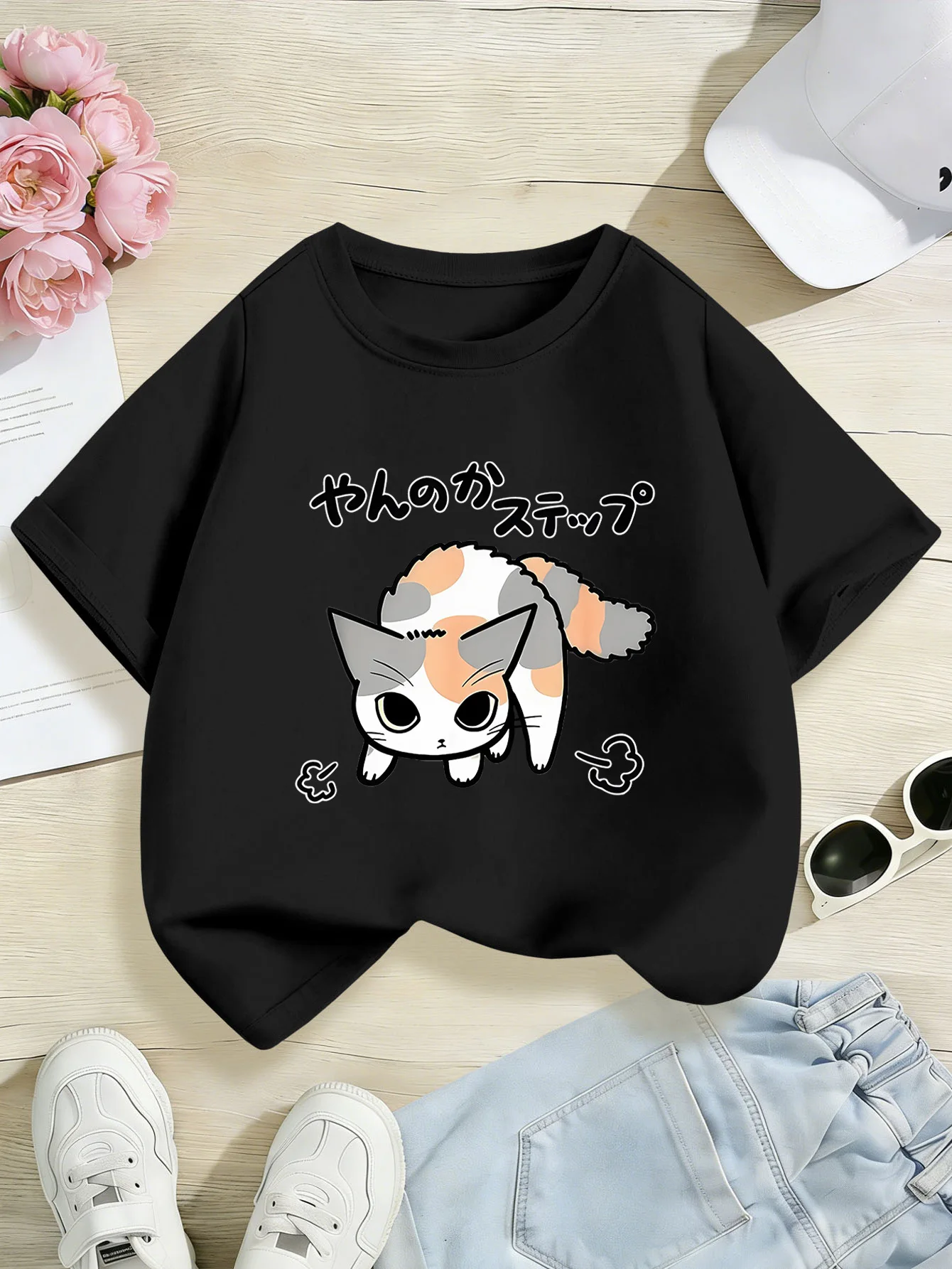 Japanese Cartoon Calico Cat Boys Girls Short Sleeve Tee Parent Match Soft Cotton Kids Cute Lovely Daily Casual Fashion T Shirts