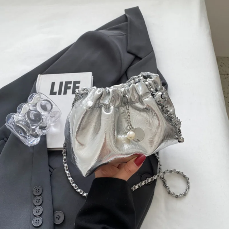 

NEW Y2K Trendy Wrinkled High Sense Shoulder Bags Summer Chain Bag Fashion Bucket Bag Messenger Bags Purses Handbags