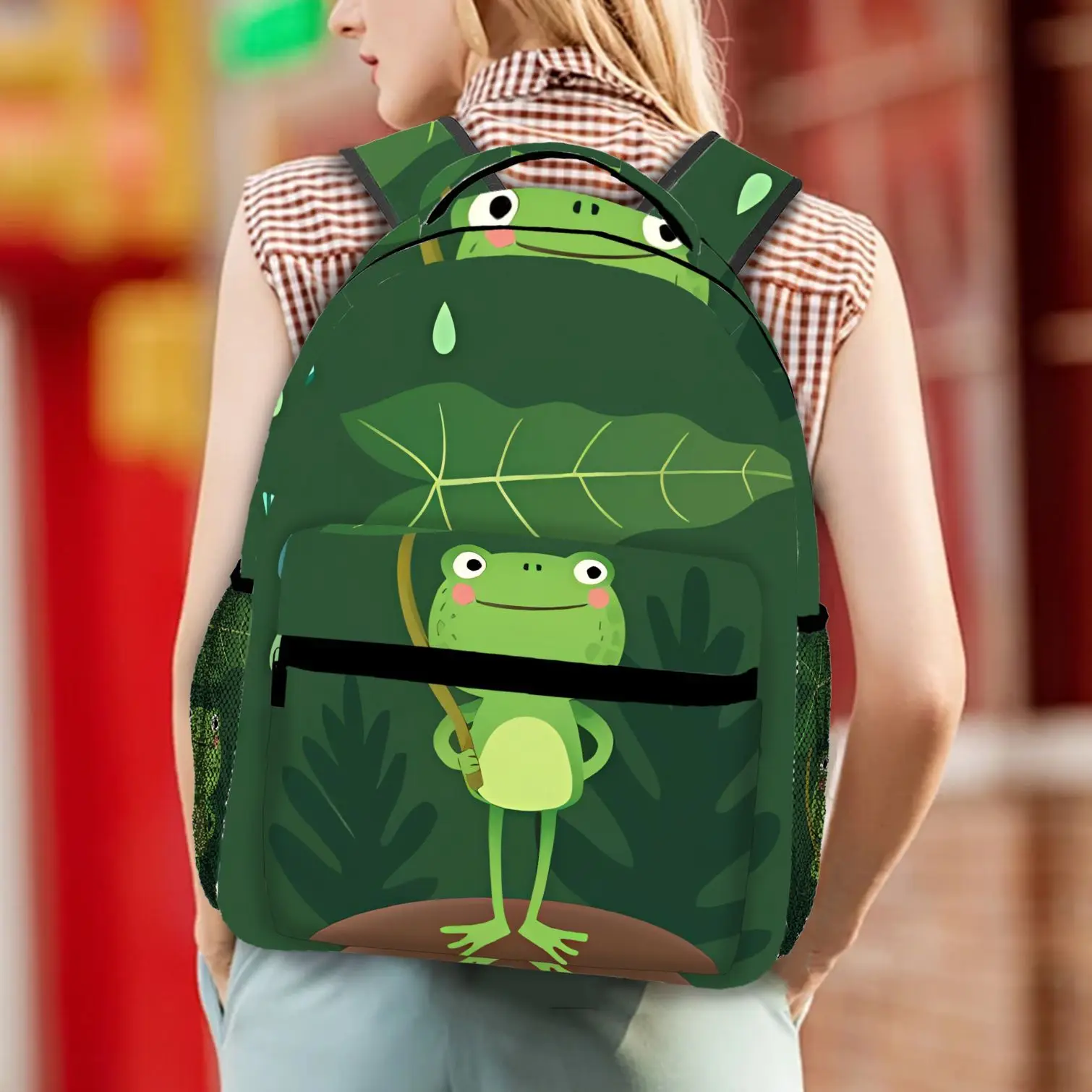 

Lightweight Design] Trendy Frog Print Backpack Large Capacity Lightweight Durable Green Leaf Frog Design