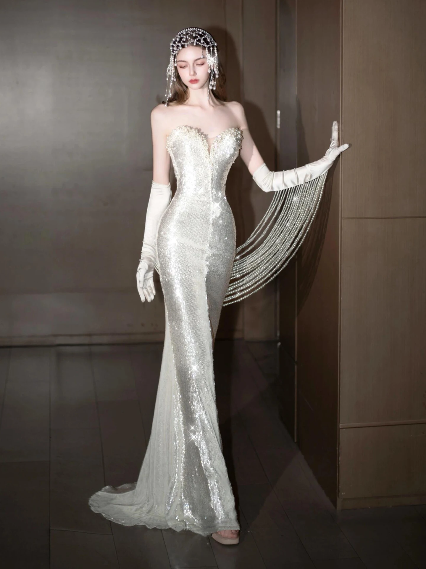 

Ele Pearl Embellied Fi Tail Свадебное платье с тяжелой вышивкой, свадебное платье для выступлений, длинное вечернее платье