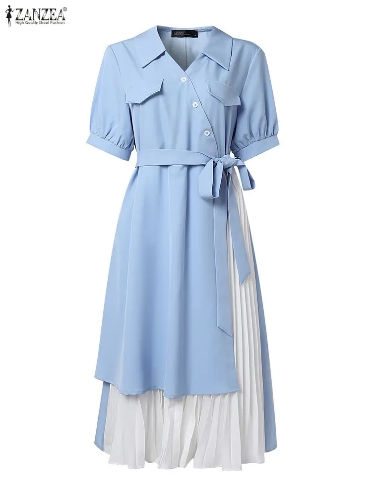 ZANZEA Abiti da festa eleganti Donna Estate Risvolto Patchwork di colore Camicia lunga Abiti con cintura Casual Ufficio Manica corta Midi Robe