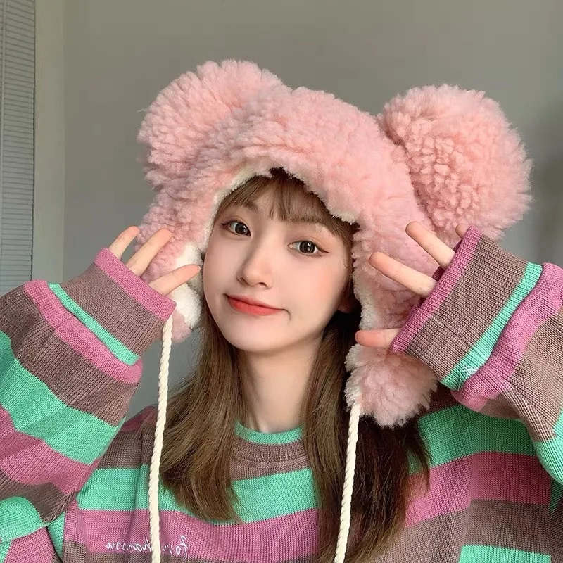 Ins Korean Kawaii Pom-pom Big Ears Bear Hats for Women Winter Imitation Lamb Wool Cold Proof Protection Ear Strap Bomber Cap