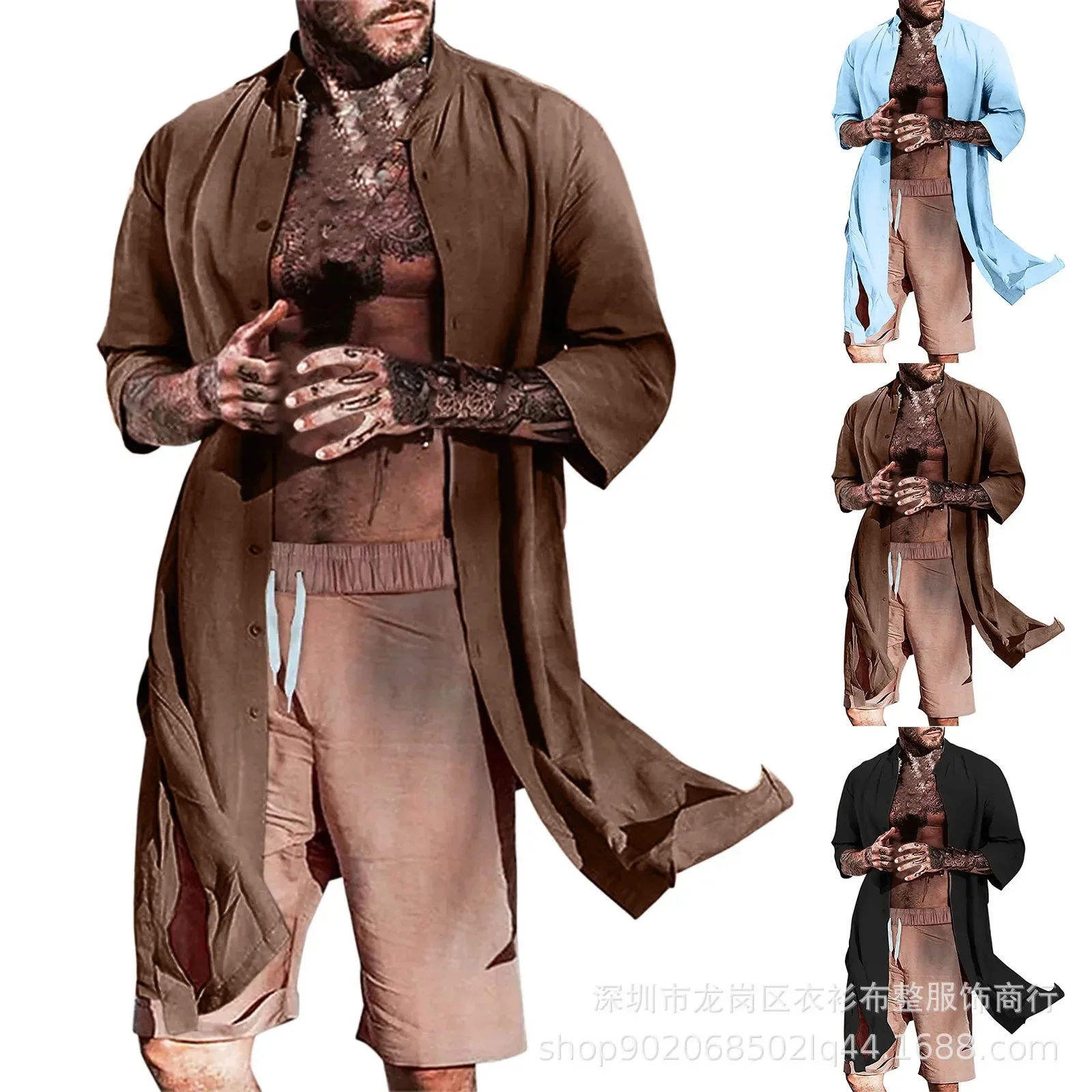 

Fashion Men Shirt Open Stitch Long Sleeve Stand Collar Streetwear Long Style Cardigan Imitation Linen Cloak Casual Outerwear