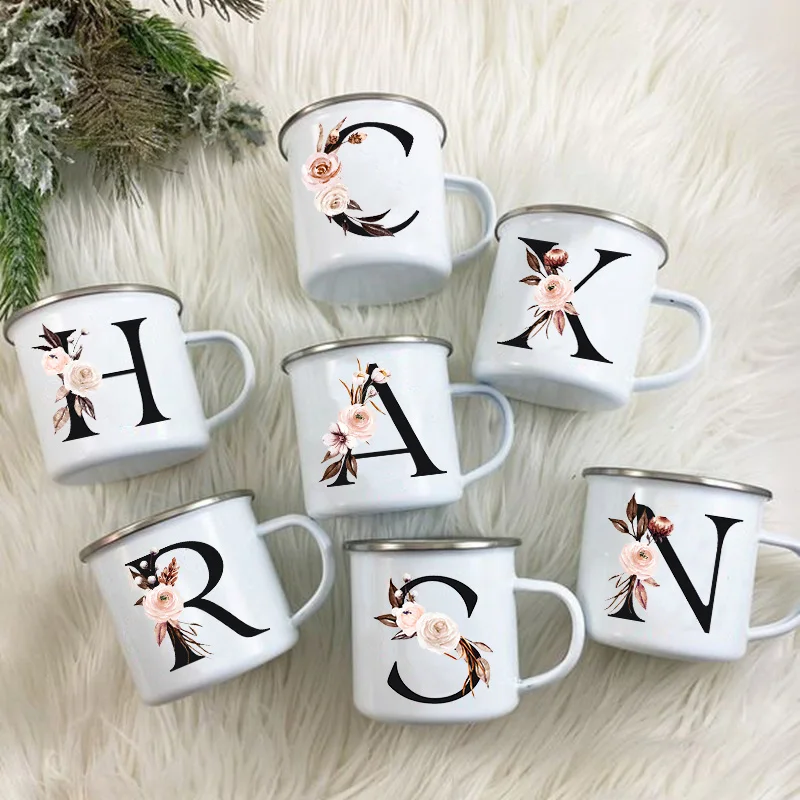 

Initial Letter Print Mugs Enamel Creative Coffee Cups Drinks Wine Juice Milk Cup Vintage Home Office Handle Drinkware Best Gifts