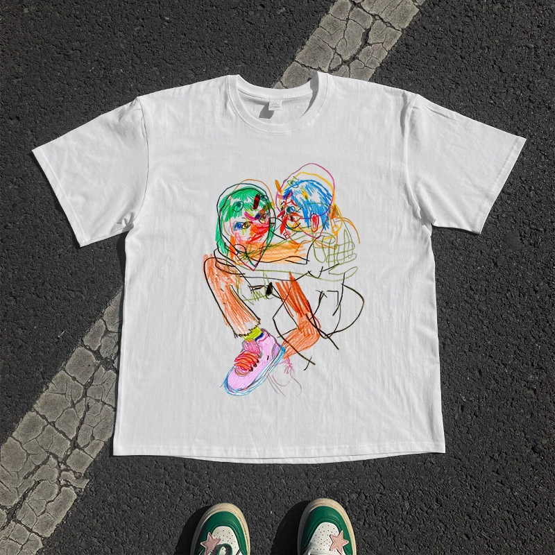 Hand-Drawn Graffiti Hiphop Half Sleeve T-Shirt Breathable Shoulder Fit Summer Casual round Neck Loose Style for Youth Couples