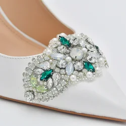 TOPQUEEN AP84 Handmade DIY Green Rhinestones Applique High Heels Shoes Patches Bride Women Sew On Dress Clothes Wedding Party