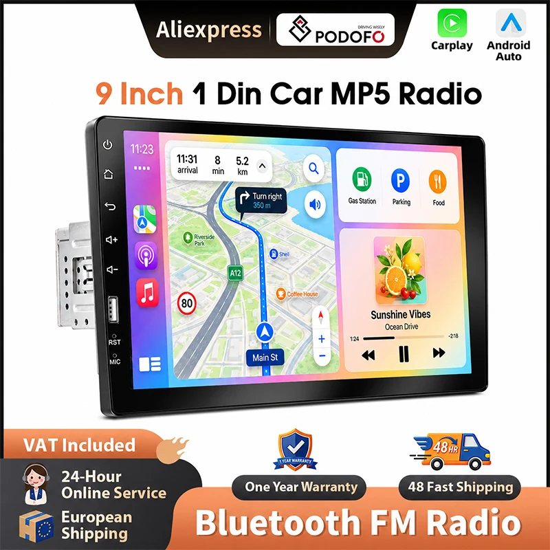 Podofo Universelles Auto-MP5-Radio Carplay Android Auto MP5 Multimedia-Player BT FM 1din Autoradio Head Unit SWC Auto-Intelligentes System Multimedia-Stereo EQ Mirrorlink HD Touchscreen-Monitor USB