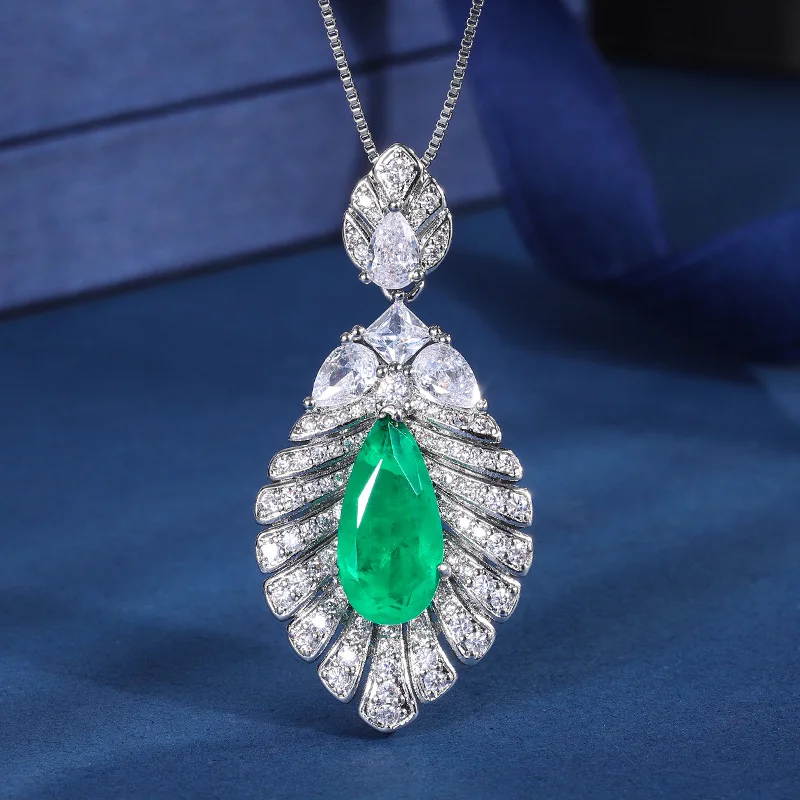 S925 Silver Plated 18K Gold Plated PT950 Platinum Vintage Emerald Paraiba Leaf Pendant Necklace Main Stone 8*16