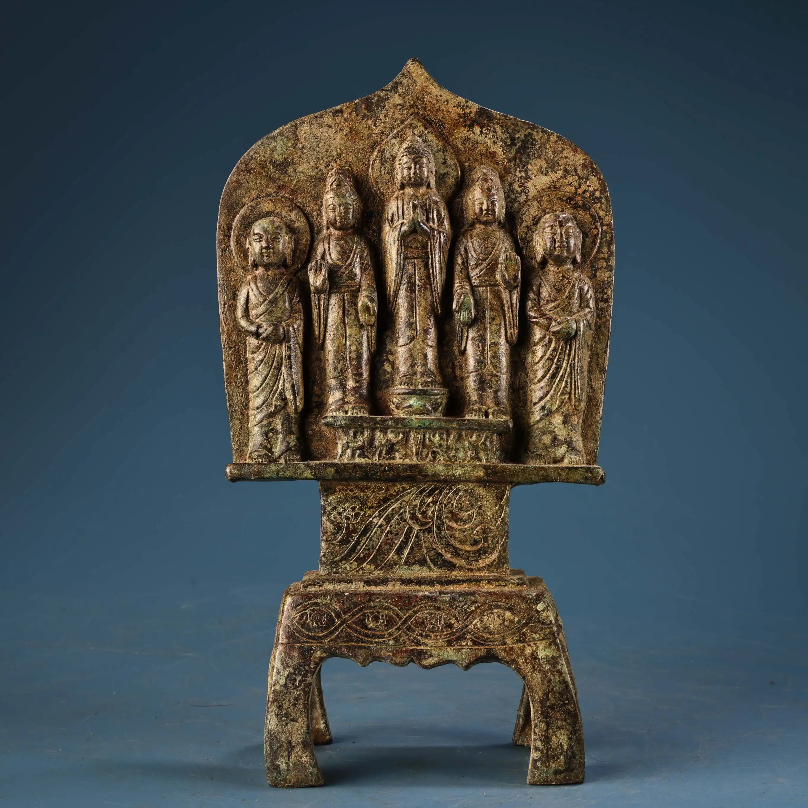 Old Bronze Gilded verdigris Cinnabar Five Buddhas Northern Wei Buddhist bench Buddha Buddha Terrace Amitabha Buddha Worship Hall