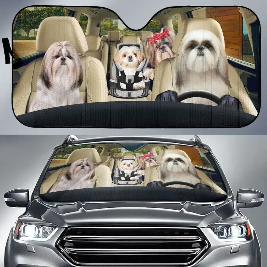 Funny Shih Tzu Family Driving Dad Mom and Child Dog Lover Car Sunshade, Car Window Sun Cover for Shih Tzu Mom Gift, Car Windshie