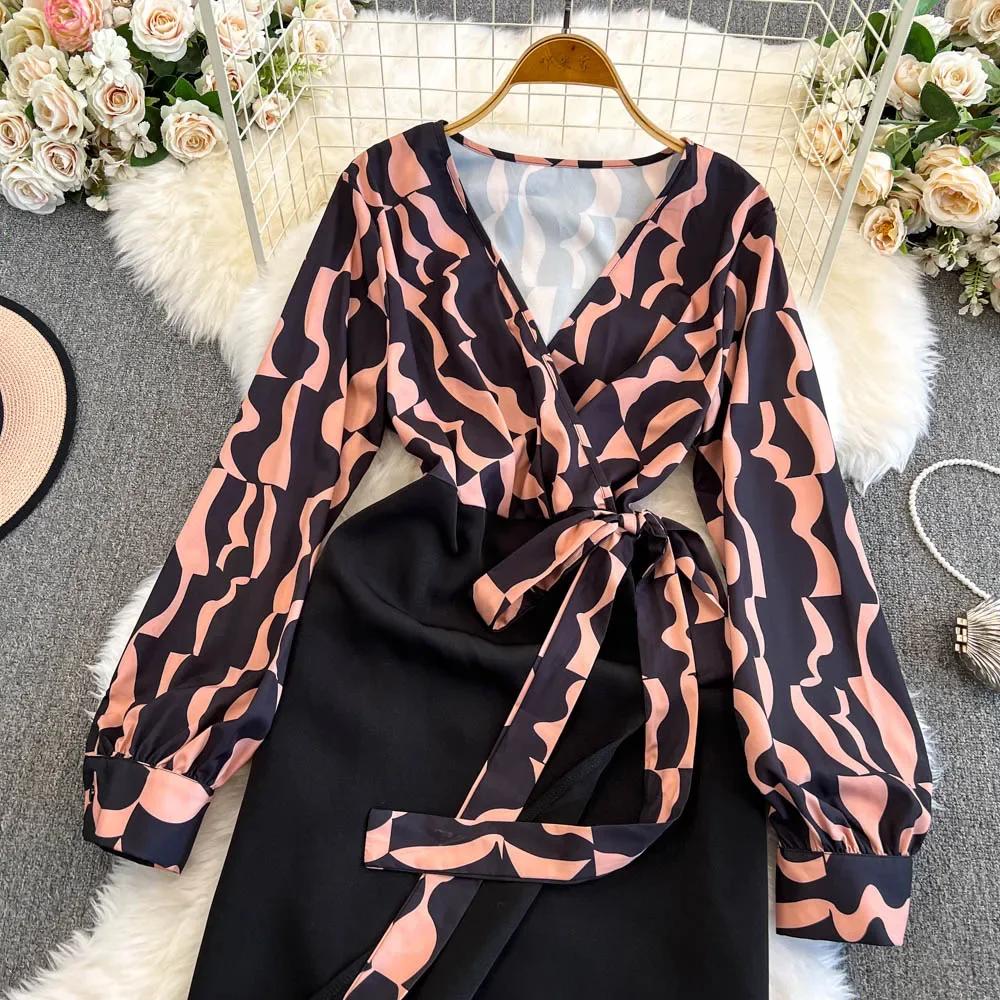 Elegant V Neck Long Sleeve Print Lace Up Patchwork Hip Wrap Dress Slim Basic Fashion Vestido Sexy Women Autumn Clothing