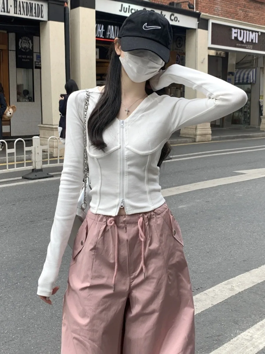 Calças de Trabalho Femininas de Dança Jazz de Outono com Zíper Duplo e Top Base Estilo Americano