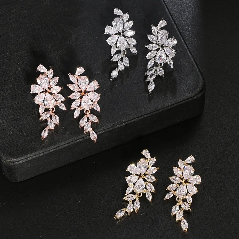 LXOEN Cute Silver Color Statement Flower Zirconia Crystal Long Drop Earrings for Women Bridal Wedding Dangle Earrings Jewelry