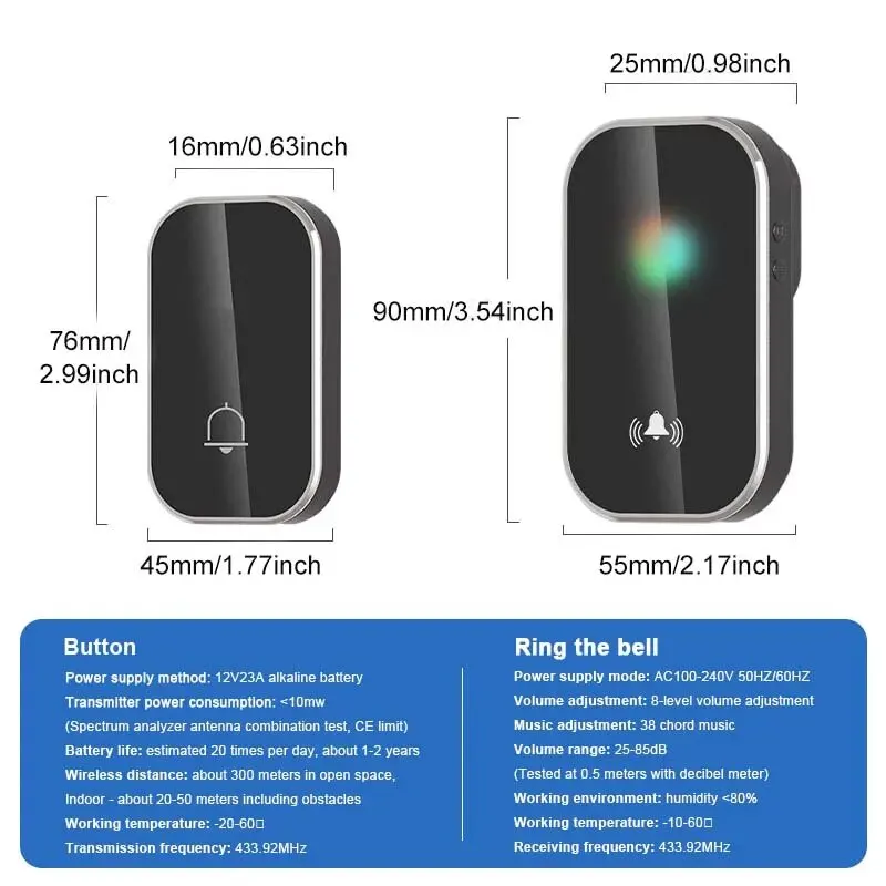 Wireless Doorbell Smart Home Welcome Door Bell 36 Ringtones 300M Long Distance Outdoor House Door Chime Kit Battery Free