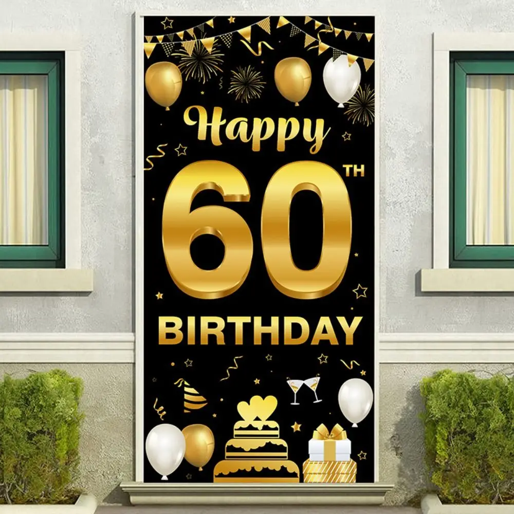 Black Gold Happy Birthday Door Hanging Banner Celebrate Polyester Party Door Background Balloon Cake