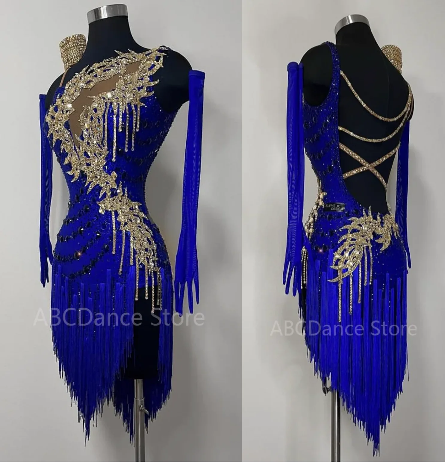 Latin dance dress blue Latin dancing short dress with golden appliques Latin wear for stage performance open back costume