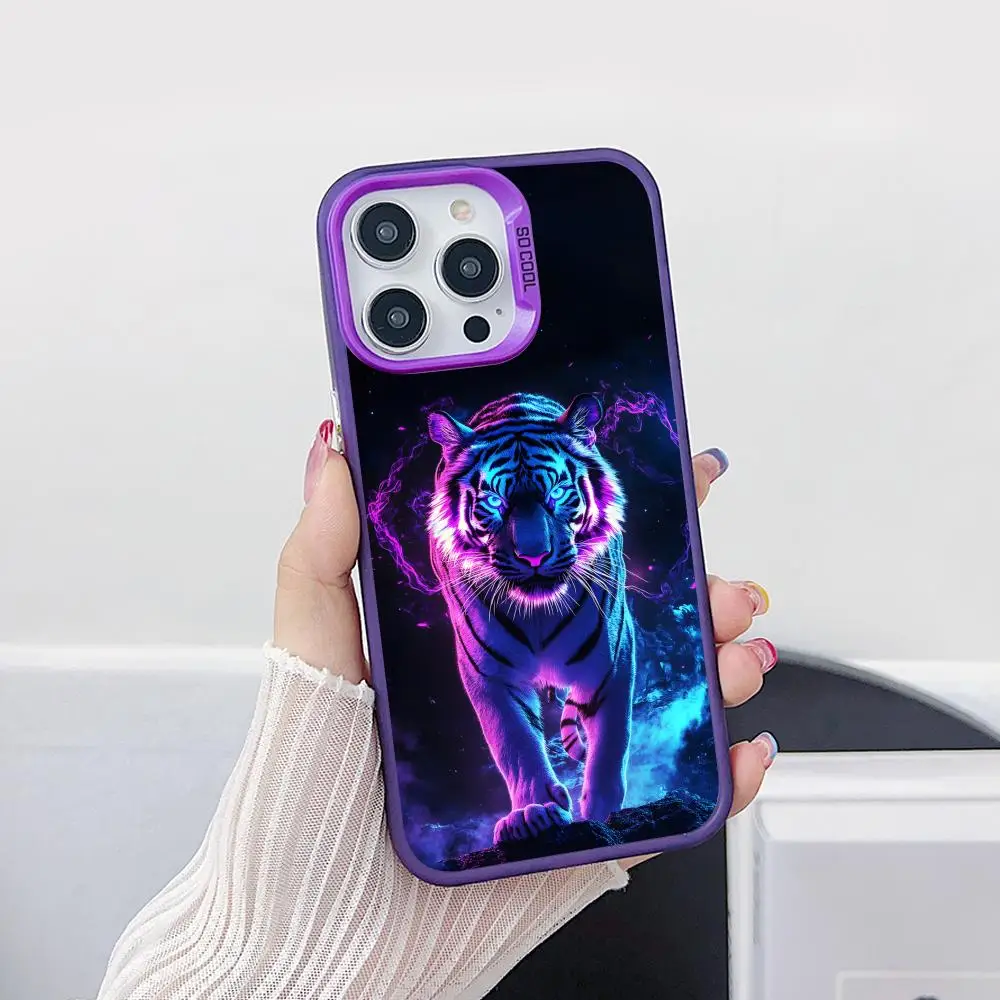 

Чехол для мобильного телефона Tiger Neon для iPhone 17, 16, 15, 14, 13, 12, 11 X XR XS 8 7 Air Pro Max Plus, фиолетовый полупрозрачный цветной чехол