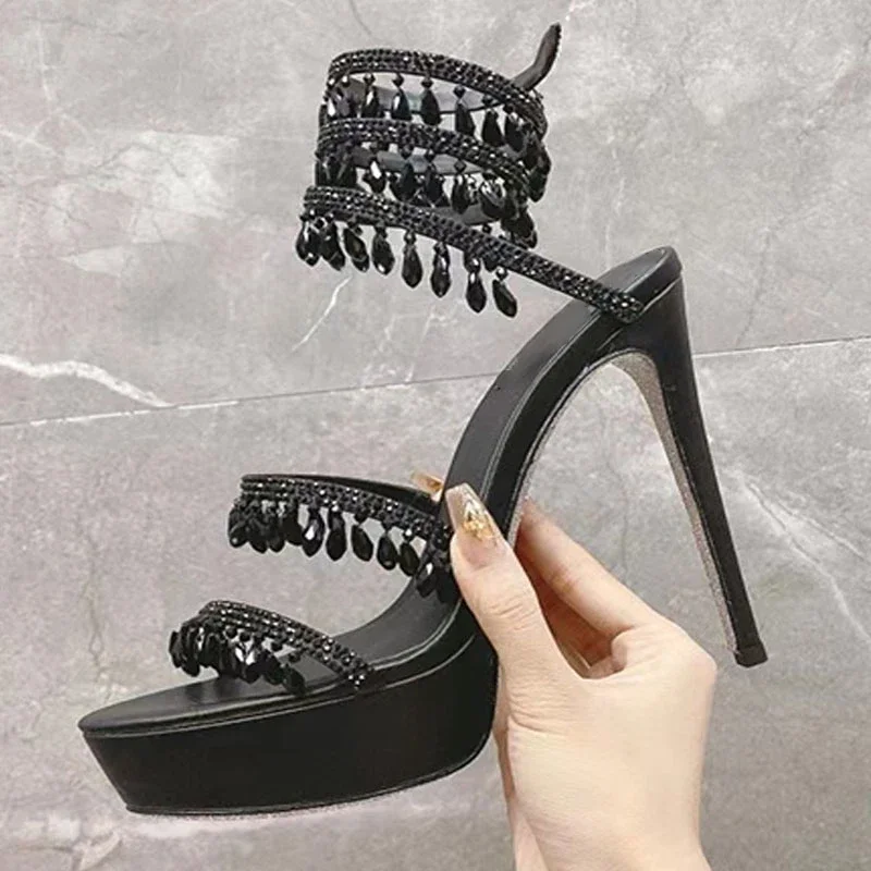 

Crystal Pendant /Rhinestone Sandals Women High Heels Wedding Party Shoes Crystal String Bead Snake Shaped Winding Tape Sandals43