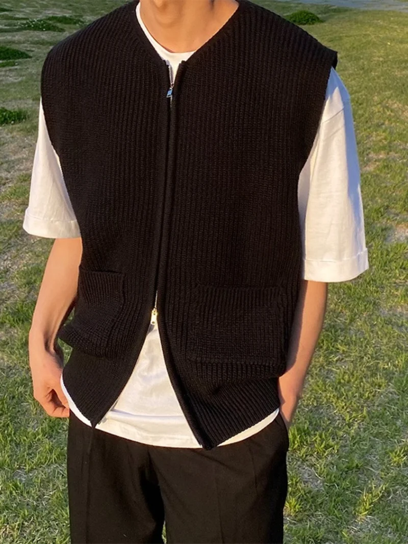 سترة رجالية محبوكة فضفاضة على الطراز الياباني، كارديجان أنيق بسحاب وفتحة على الكتف، إصدار قياسي للمراهقين