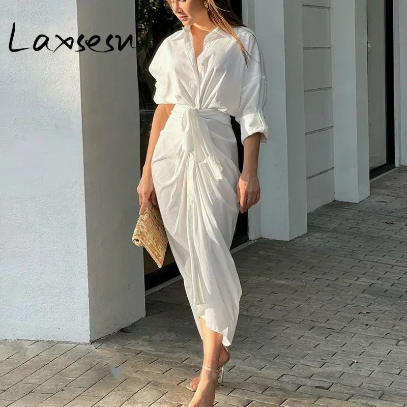 Leosoxs mujeres elegante de un solo pecho fajas de cintura alta fruncido Camisa Irregular Maxi Vestido 2024 verano Chic Vestido largo vestidos