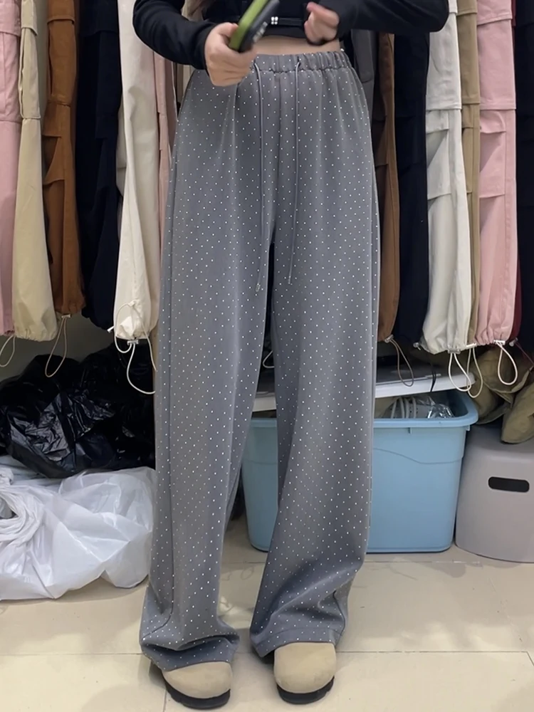 Rhinestone Slimming Casual Wide-Leg Pants for Women Spring and Summer New Loose Drooping Casual Mopping Pants Suit Pants