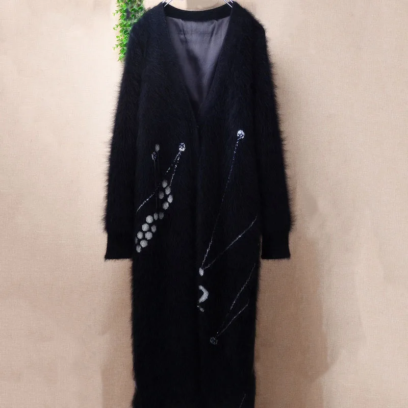 

1.1KG Heavy Thick Ladies Women Autumn Winter Clothing Beading Hairy Mink Cashmere Knitted V-Neck Long Sweater Cardigans Coat Top