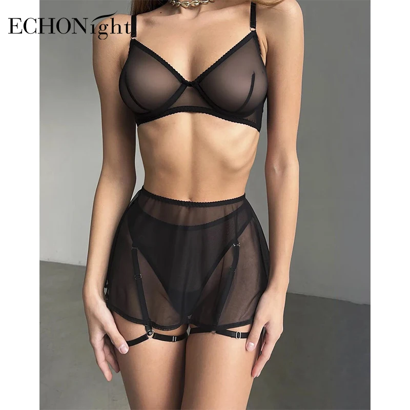 Echonight Solid Women Lingerie Sets Sheer Mesh Bra Panty Skirt 3PC with Leg Circles Seamless Tulle Underwear Black Sexy Outfits