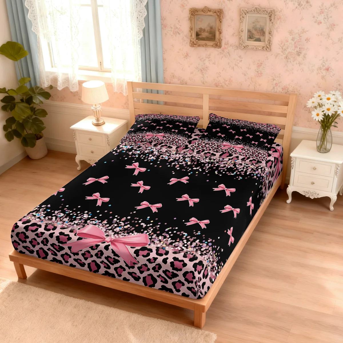 3pcs Leopard Print Bow Print Coreless Bed Sheet Set, Multi Size Comfortable Bed Cover, Bedroom Bedding Decoration
