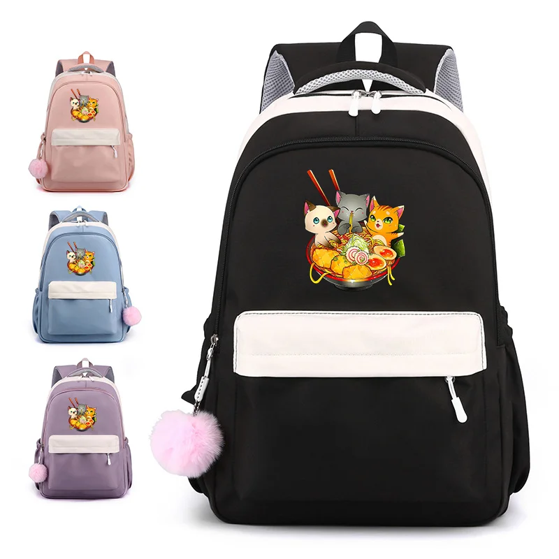 Cute Cat Eating Ramen Pattern Backpack Teenagers Casual Wygodny tornister Wysokiej jakości plecak szkolny o dużej pojemności