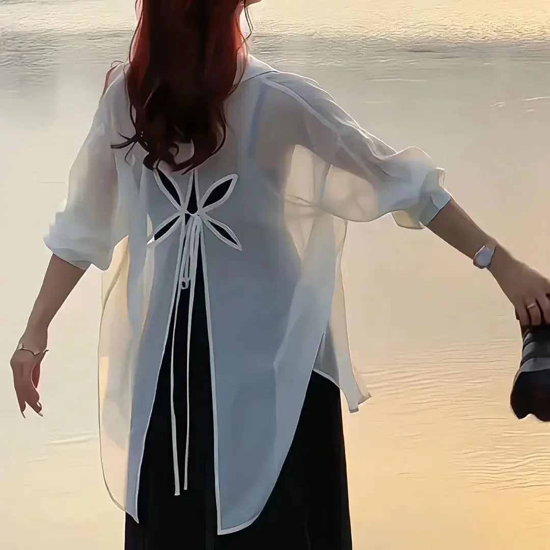 

Summer Hollow-out Long Sleeve Blouse Women's Loose New Style Back Open Sweater Ribbon Design Fashionable Shirt