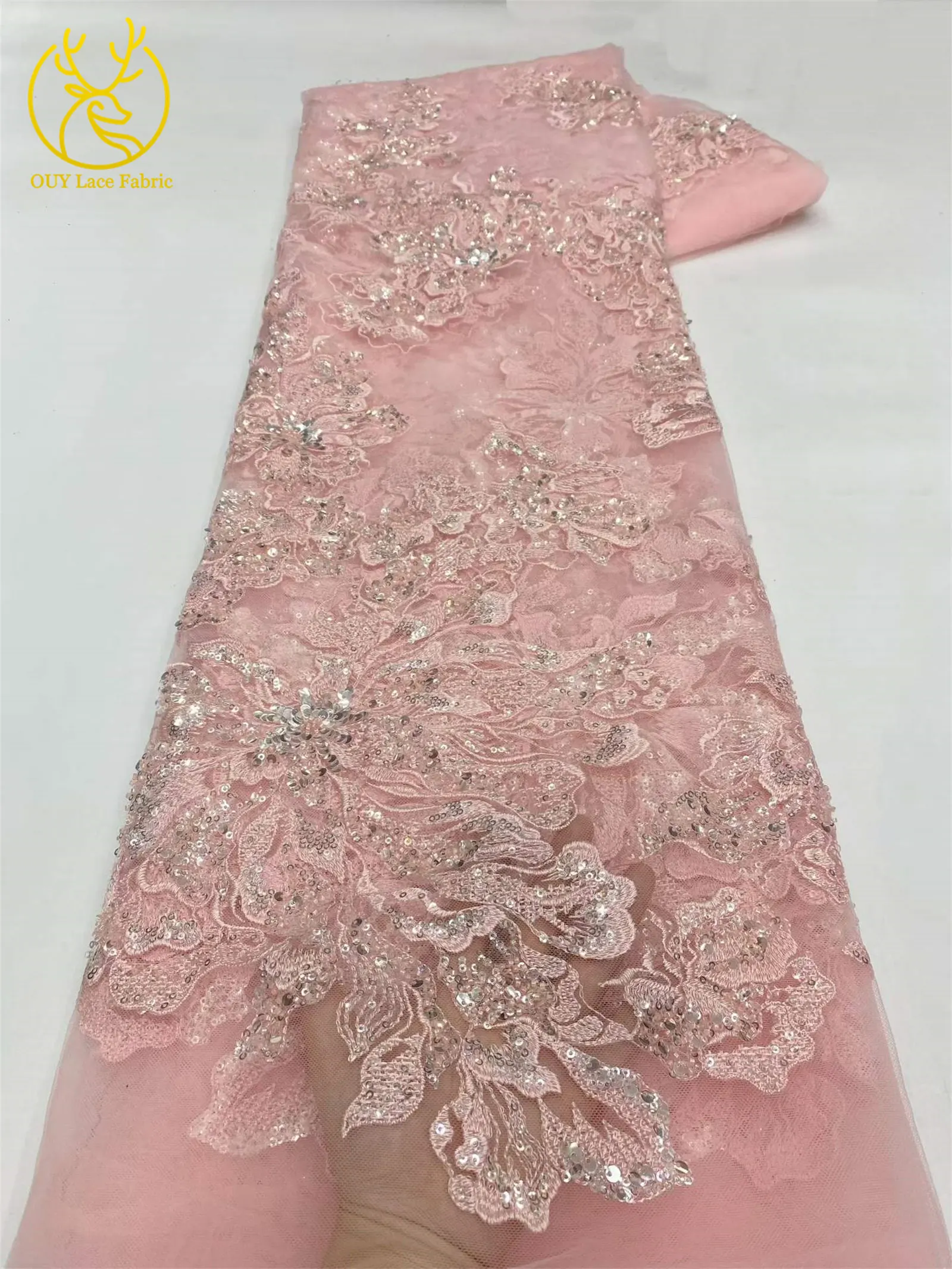 Roter Afrikanischer Bräutigam-Stickerei-Blumenspitzenstoff 2026 Hochwertiger Nigerianischer Pailletten-Perlen-Tüllstoff Hochzeitskleid-Stoff – Detail 20