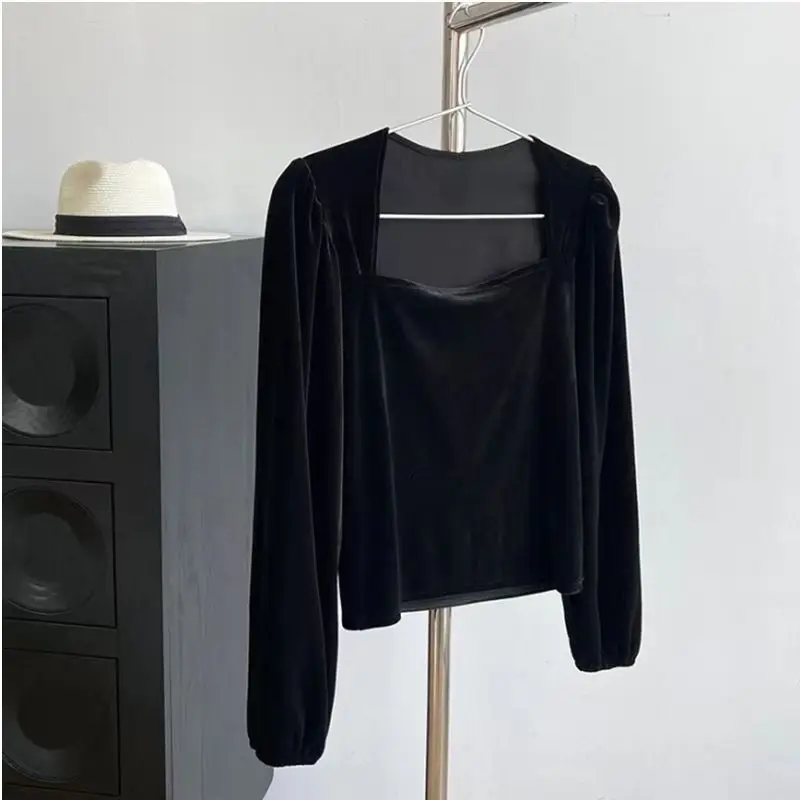 Black Velvet Blouses Women Solid Minimalist Slim Elegant Sexy for Ladies Blusas Ropa Mujer Square Collar Long Sleeve Autumn Tops