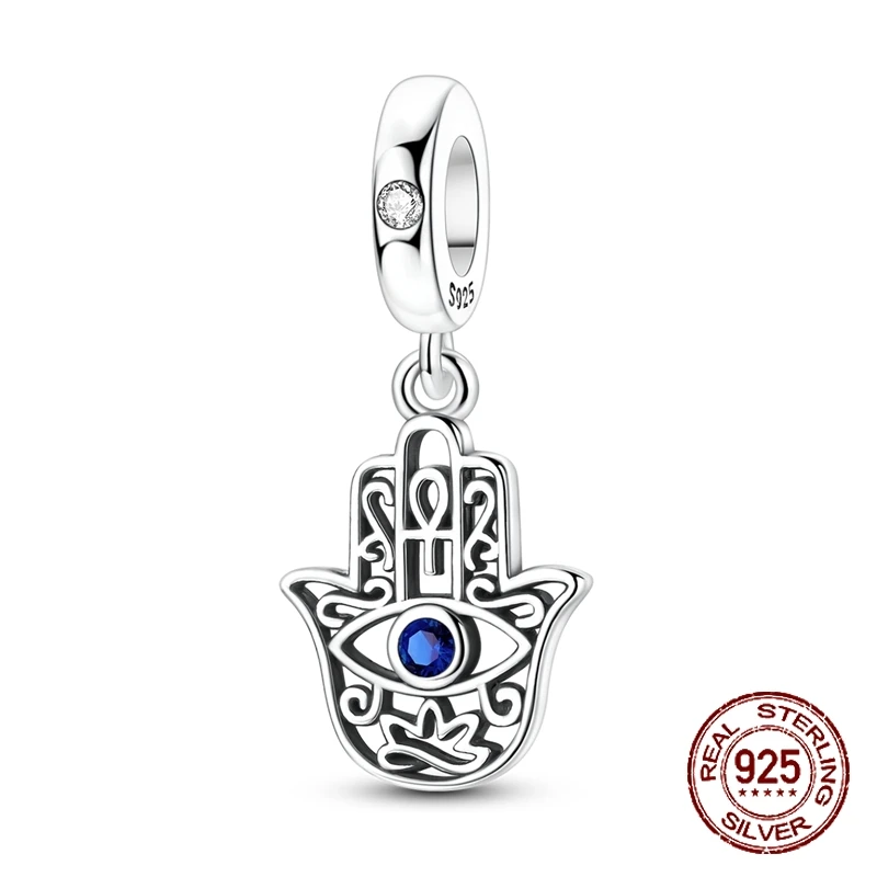

925 Sterling Silver Intricate Hand-shaped Charm Blue Zircon Eye Decoration Pendant Fit Bracelets Fashion Jewelry Gift for Women