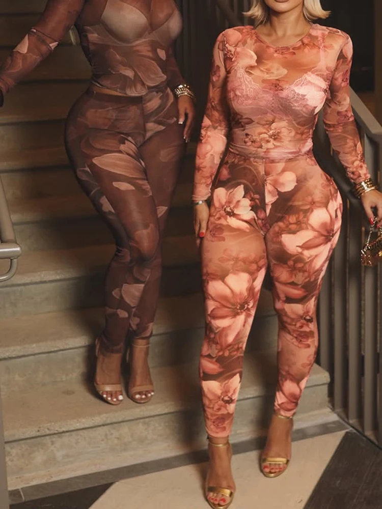 

Сексуальный уличный стиль: комплект с цветочным принтом, топ с длинными рукавами и облегающие брюки, Y2K, женская одежда, наряд для вечеринок, комплект из 2 предметов