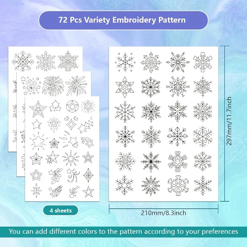 4 Sheets Snowflakes and Fireworks Water Soluble Stabilizer Hand Sewing Stabilizers with Pre Printed Stick and Stitch Self