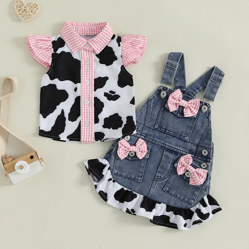 Toddler Cowgirl Outfit Kids Denim Overall Dress Set Cow Print Button Up Shirt Jeans Suspenders Skirt with Pockets